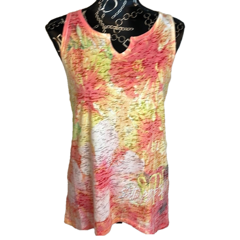 Blue‎ 84 Floral Tank Top Women M Tie Dye V Neck Sleeveless Made in USA